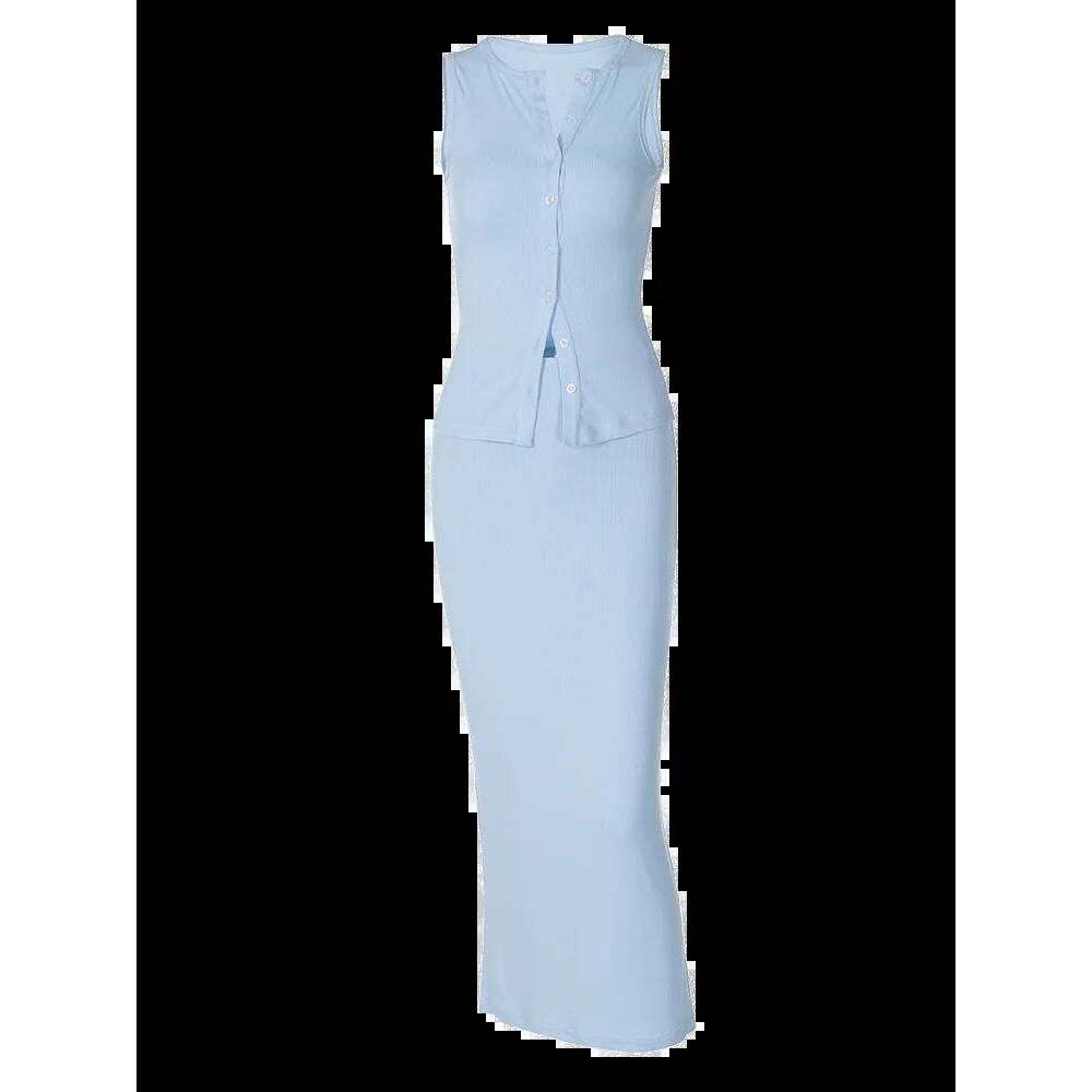 Dulzura Matching Suit Sleeveless Ribbed Single-Breasted Top Shirt Maxi Skirt 2025 Spring Summer Women'S Clothing Sexy Streetwear