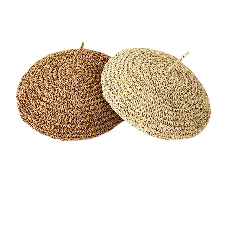 Summer Solid Color Beret For Women Ins Straw Crochet Fashion Hat Female Cool Cap Outdoor Spring Hat Boina Gift 250625