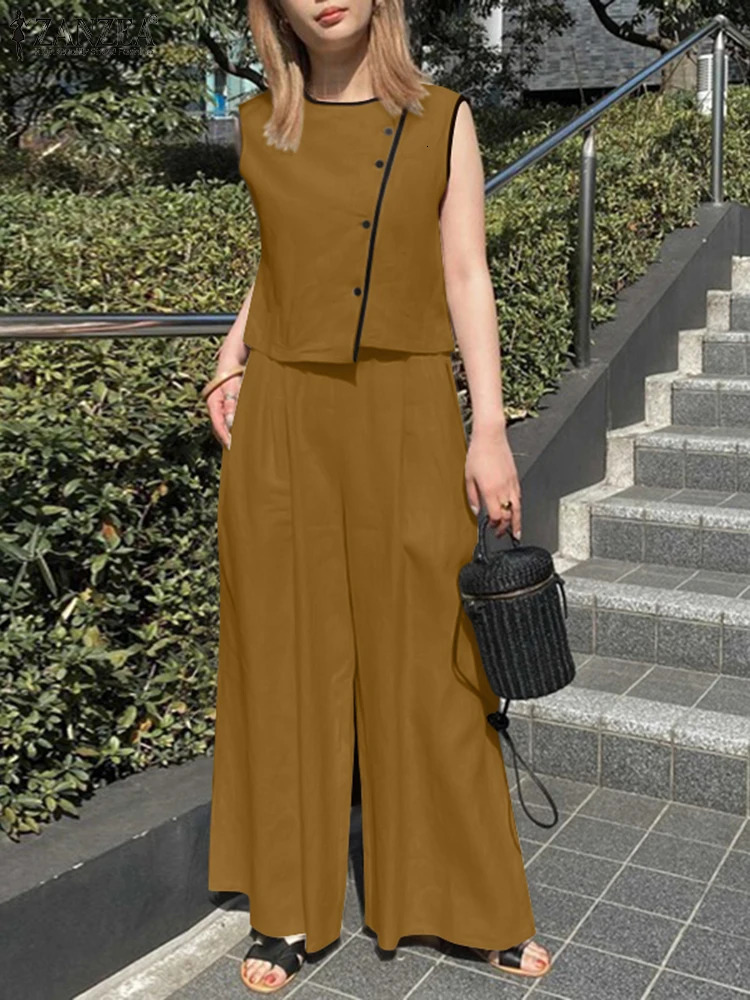 2025 ZANZEA Summer Sleeveless Blouse Trousers Suit Fashion 2PC Outfits Elegant OL Work Tracksuit Pant Sets Two Pieces Set 250614