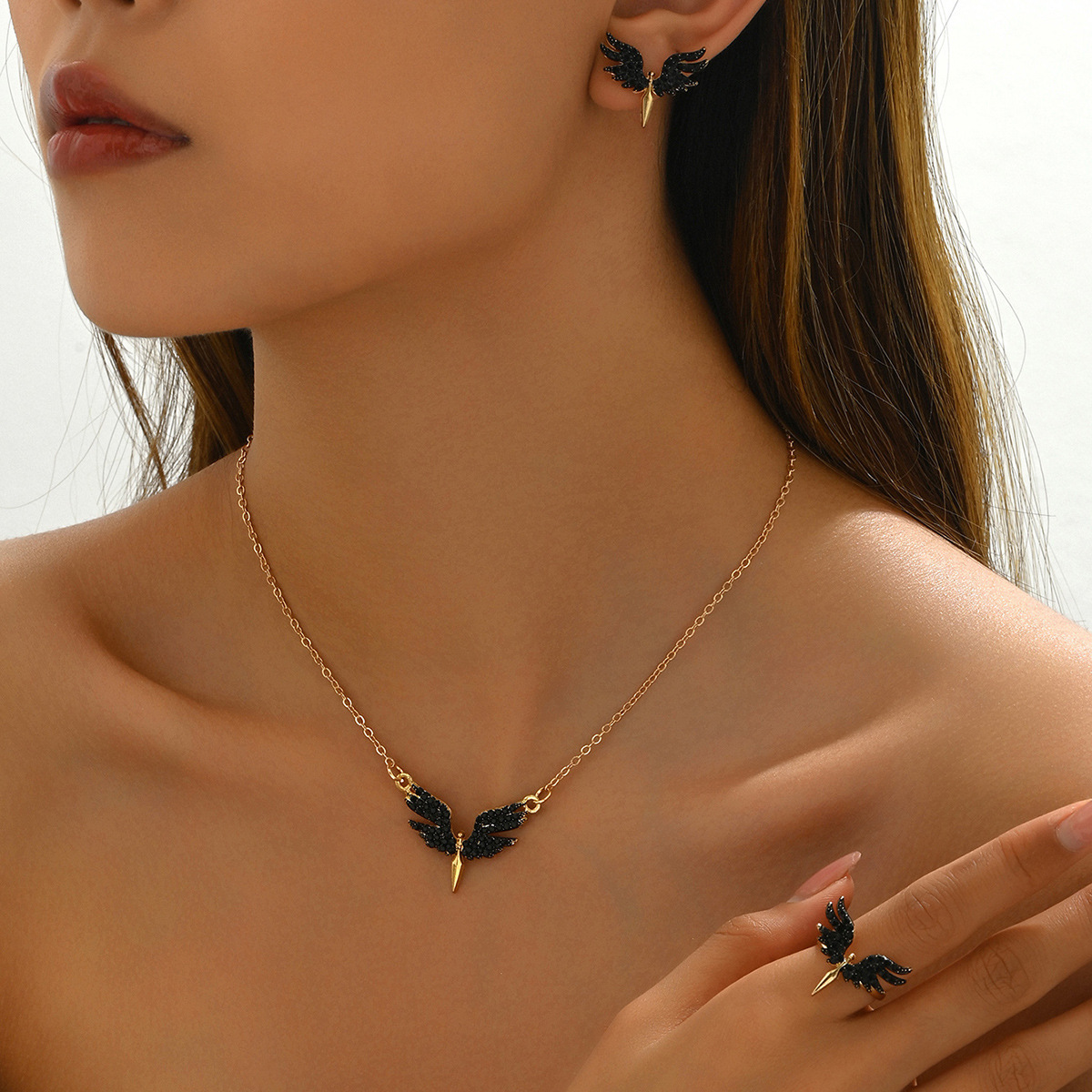 Fashion Women S Ring Set With Unique Angel Wings Oil Drop Design Earrings And Long Necklace