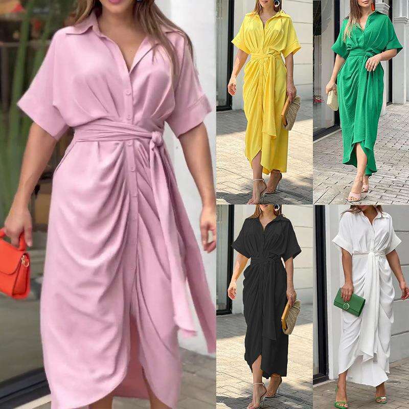 Spring Women's Fashion Elegant Commuter Shirt Collar Short Sleeve Waist-Cinching Pleated Dress B5