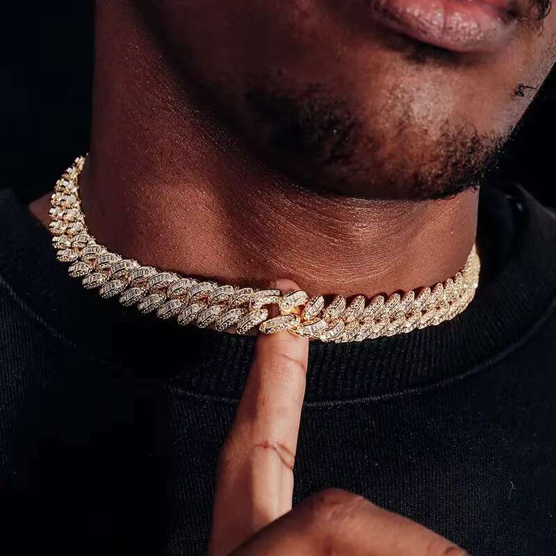 Cuban Chain Trendy Style Hip Hop baguette Moissanite Fashion Jewelry Body Metal Key Necklace Chain for Men Cuban Link Chains