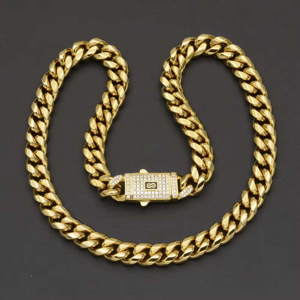Stocks Fashion 14K Gold Plated Stainless Steel Miami Cuban Link Chain Necklace