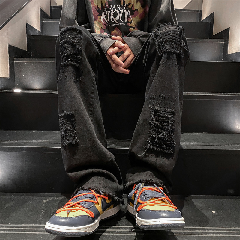 Fashionable street style designer men's ripped jeans fashion brand High street straight loose suitable for multi-functional cool long pants