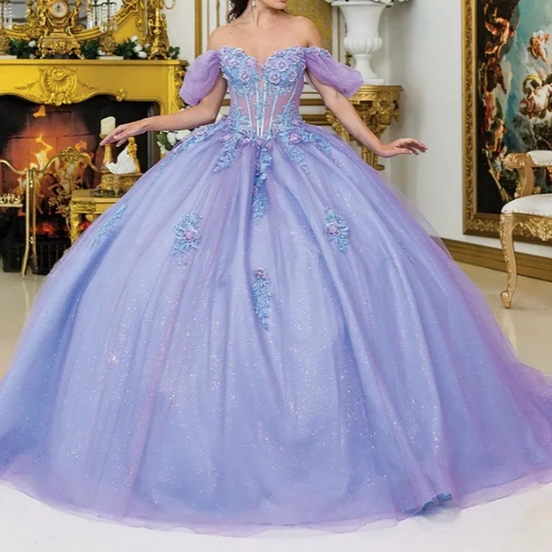 Lavender Shiny Princess Quinceanera Dresses Ball Gown Applique Lace Beads Tull Corset Sweet 16 Dress Vestidos 15 De XV Anos