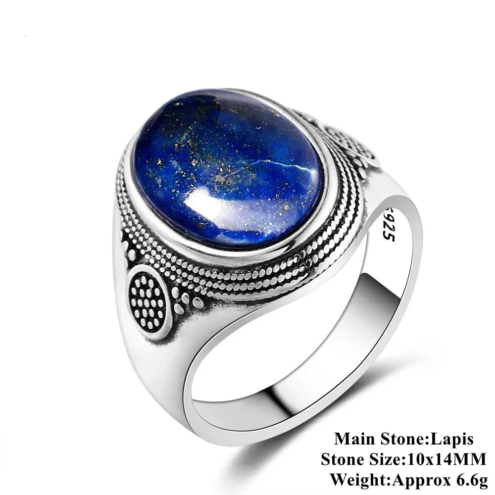 Silver S925 Ring Natural Big Oval Lapis Rings for Men Women Retro Fine Jewelry Party Anniversary Gift 250624