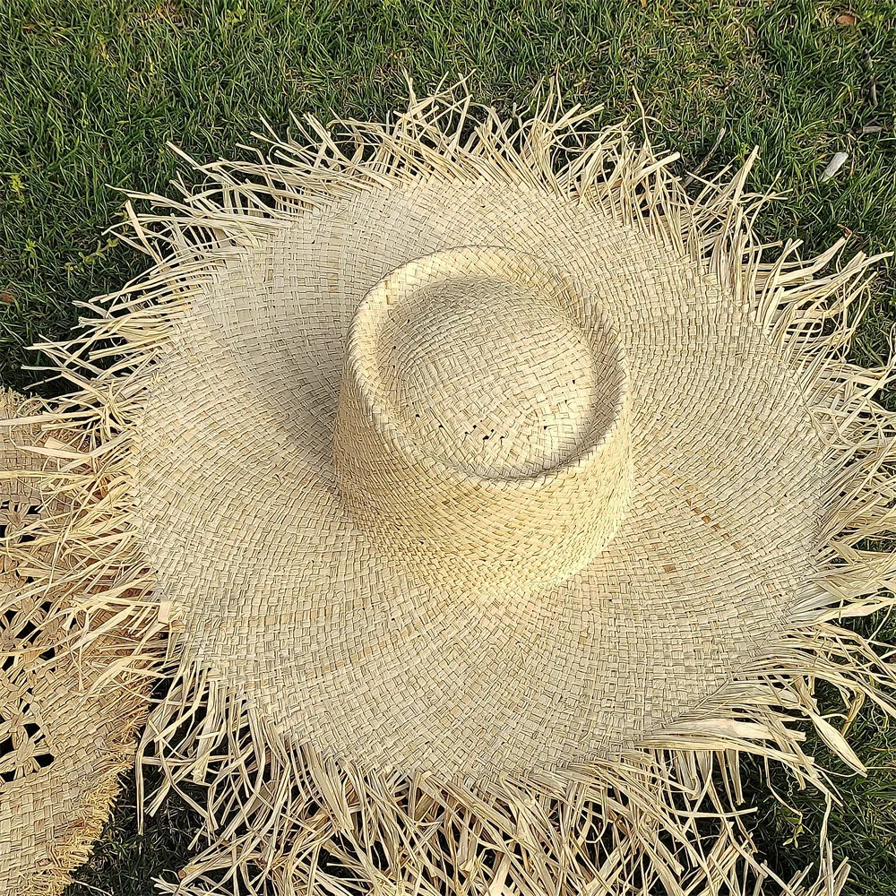 Large Brim Straw Hat Raffia Hand-woven Pattern Straw Hat Sun Protection Beach Sun Hat Womens British Retro Basin Hat 250624