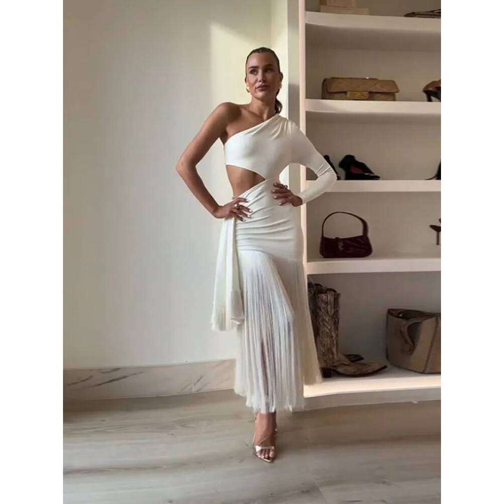 Sexy Tassels Hallow Out Dress Women Slim Skew Collar One Long Sleeves Vestidos Female 2025 Summer Chic High Waist Dresses