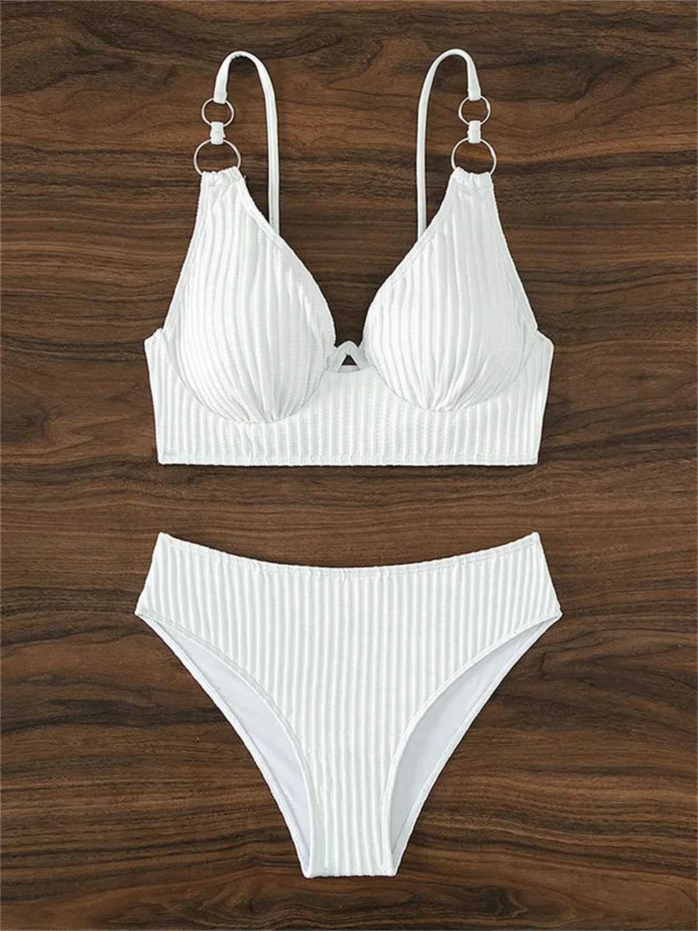 Sexy White Bikini Sling Rings Push Up Swimsuit High Waisted Vacation Swimwear Ribbed Beach Bathing Suit Women 2 Piece Set OutfitXJ250624