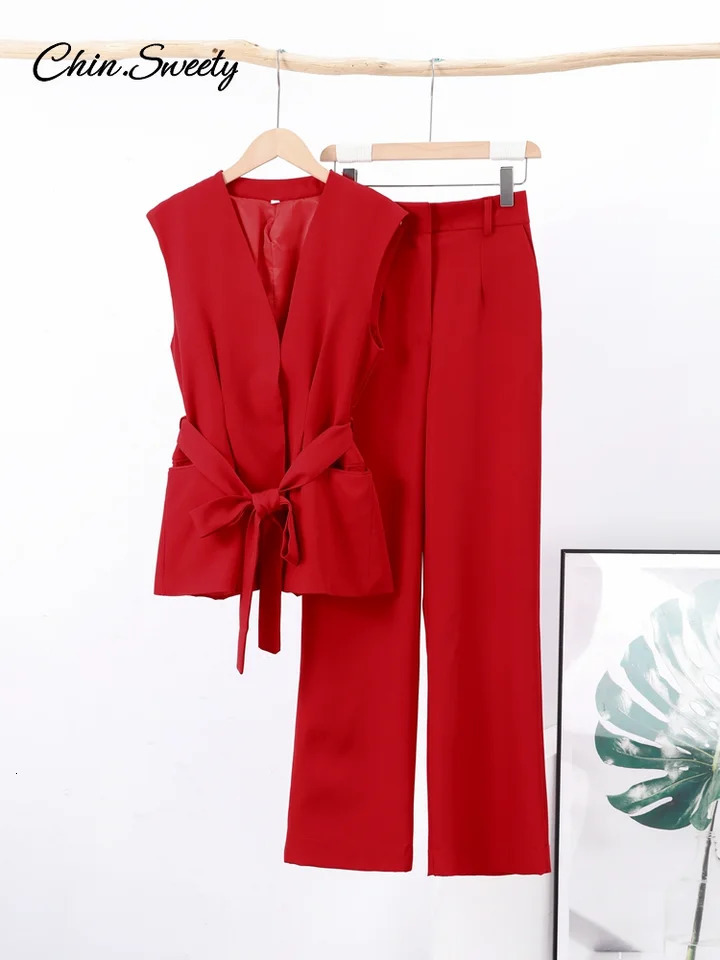 Elegant Pant 2 Piece Set Women Sleeveless Lace Up VNeck Vest Top Pleat Zip High Waist 2025 Summer Loose Lady Commute Outfits 250616