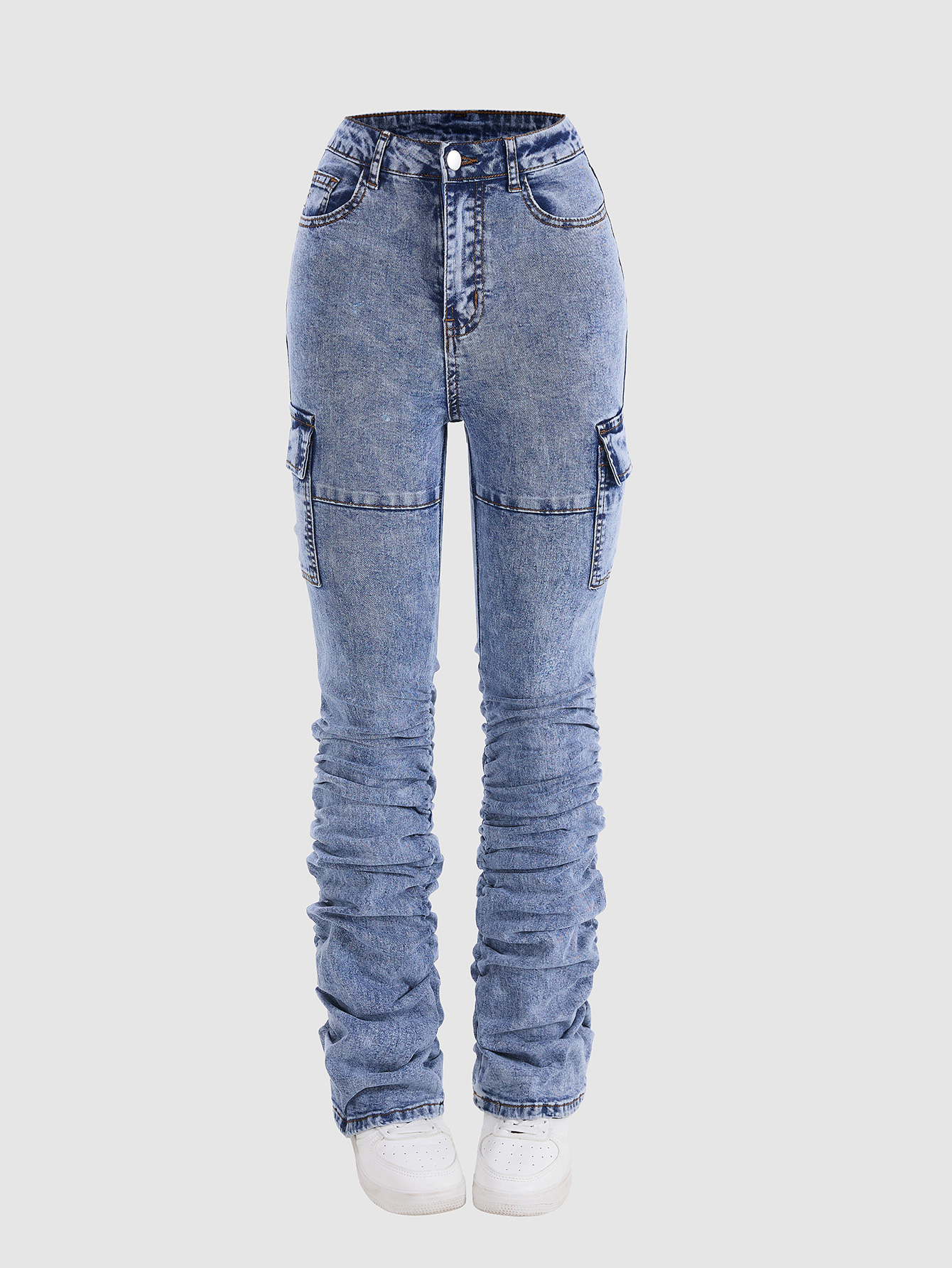 Girls' Light Blue Skinny Jeans - Fashionable Casual Denim Trousers with Stacked Design