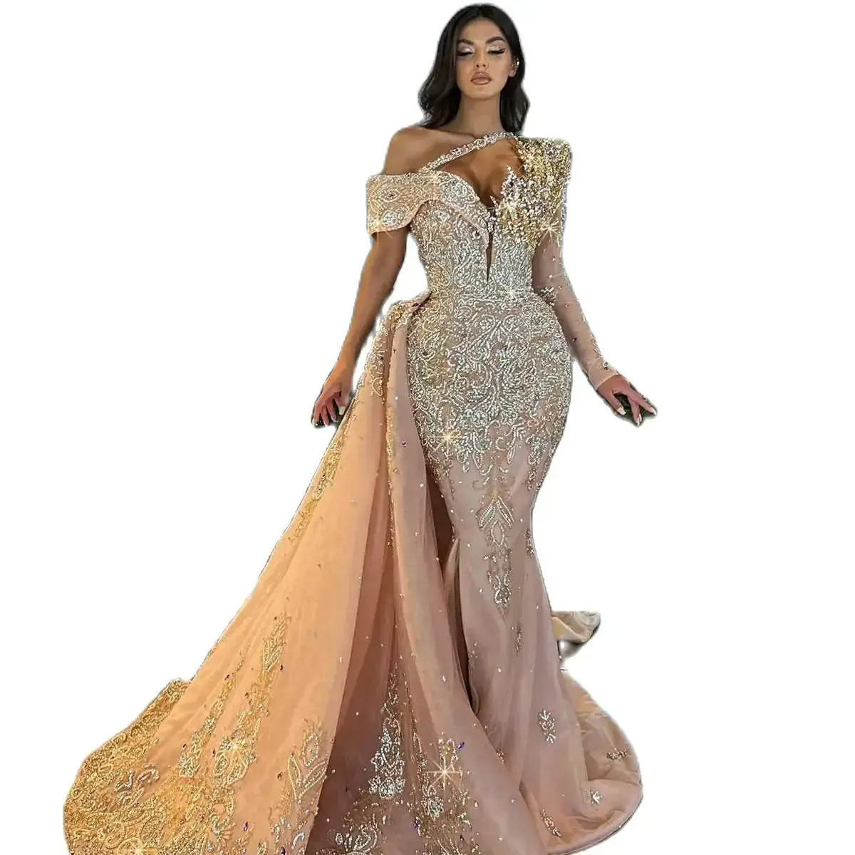 Gorgeous One Shoulder Prom Dresses Beaded Lace Evening Dress Detachable Train Rhinestones Appliques Party Gown Customized