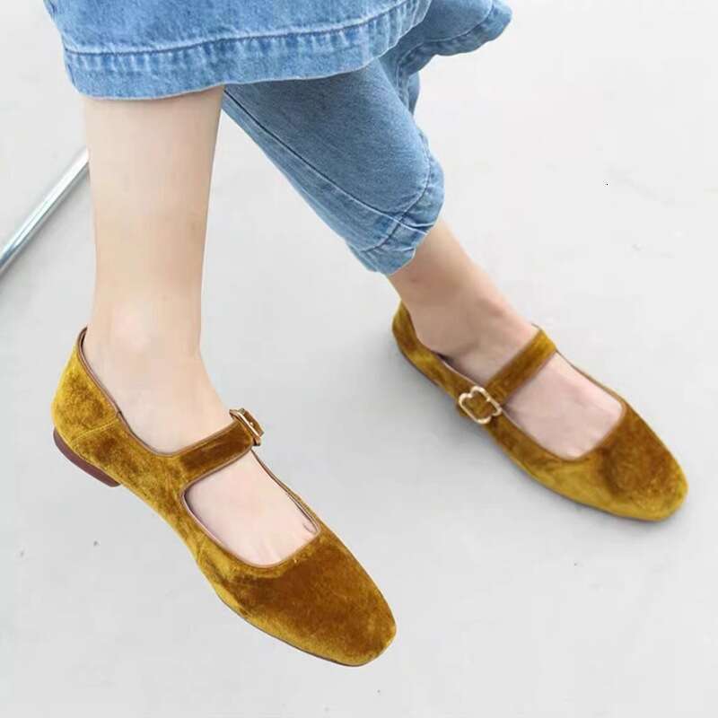 Highly Whitening~Soft~Mary Jane Genuine Leather Women's Velvet Single Flat Gold New Chinese Shoes National Style Cheongsam
