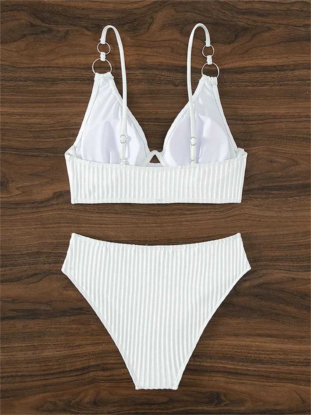 Sexy White Bikini Sling Rings Push Up Swimsuit High Waisted Vacation Swimwear Ribbed Beach Bathing Suit Women 2 Piece Set OutfitXJ250624