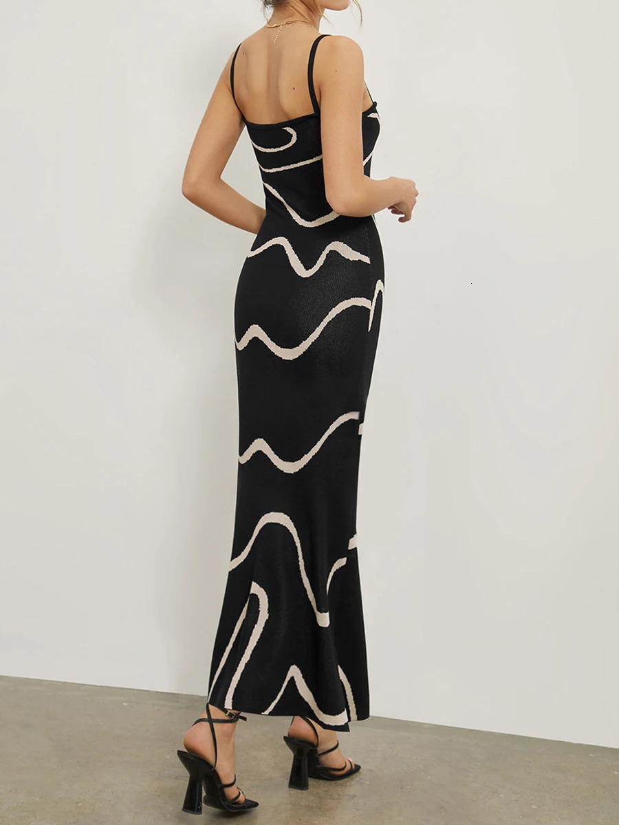 Women s Summer Cami Knit Dress Wavy Print Spaghetti Strap Open Back Party Midi Dress 250618