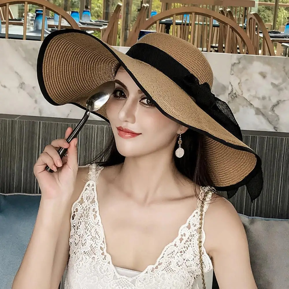 outdoor Seaside woman fashion big Bow large brimmed Sun Protection Cap Foldable Straw Hat 250624