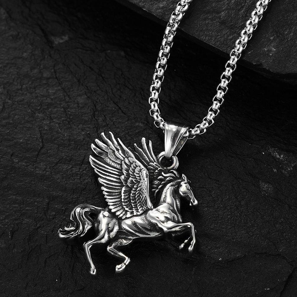 Pegasus Pendant Necklace Antiqued Titanium Steel Greek Mythology Jewelry