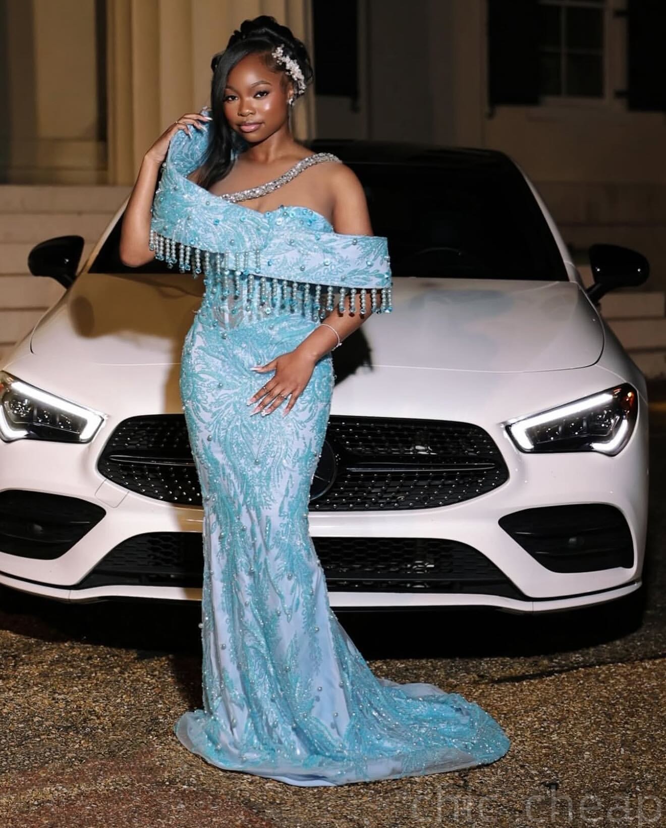 Sky Blue Mermaid Prom Dresses 2025 Pearls Crystals Sequined Lace Evening Formal Party Second Birthday Engagement Gowns Plus Size Dress For Special Occ
