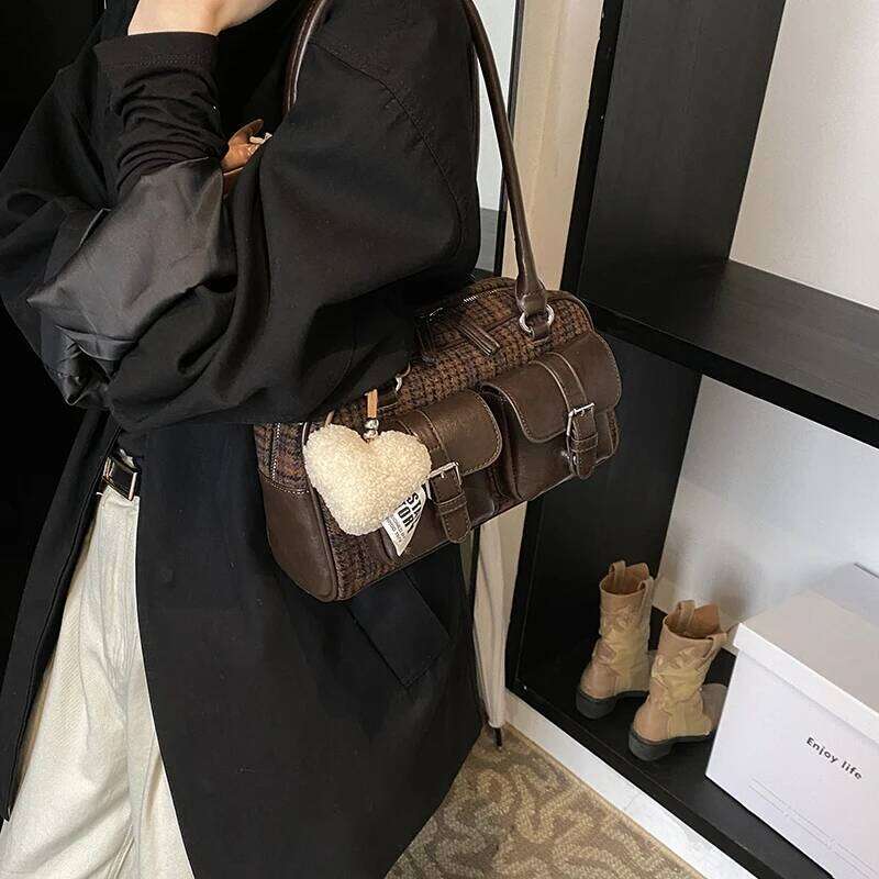 Ladies Plaid Brown Handbag Leather Splicing Women Tote Multi Pocket Commuter Underarm Purse Vintage Locomotive Shoulder Bag