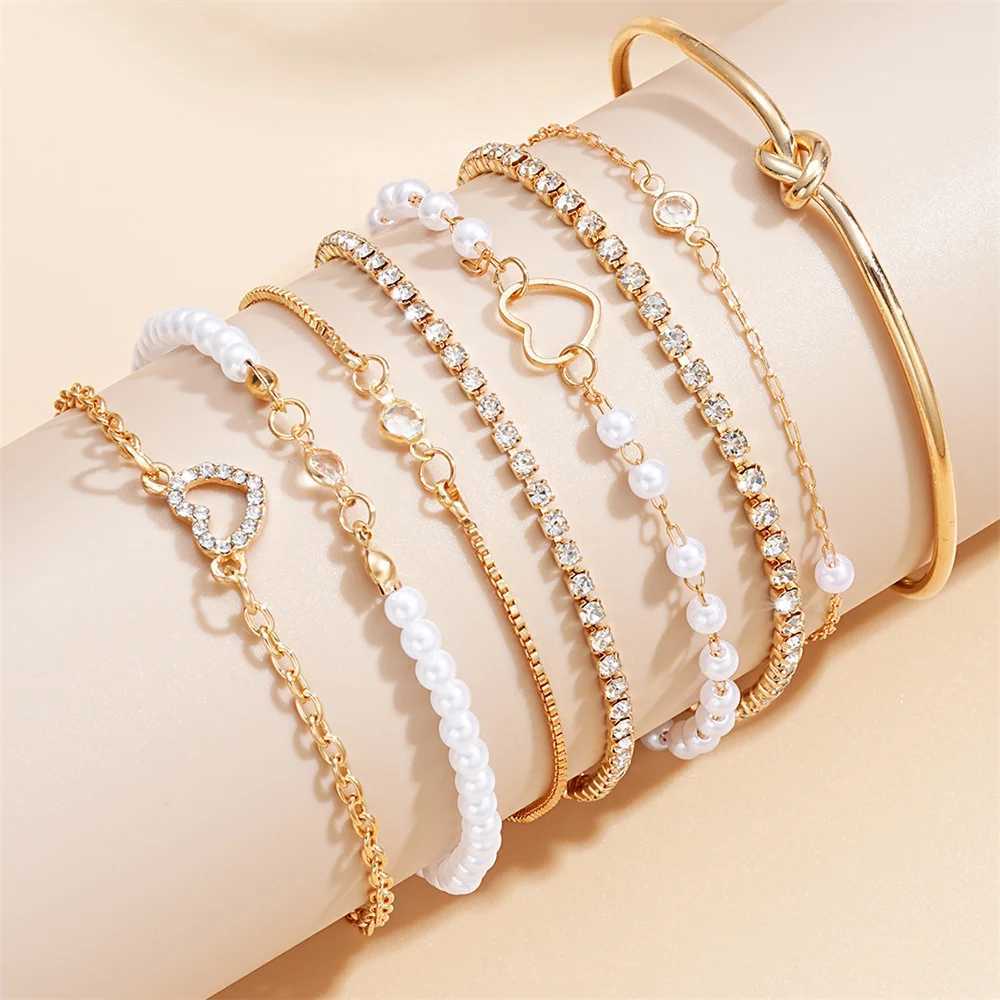 8Pcs Set Pearl Zircon Bracelet Gold Color Multi-layer Interlocking Barefoot Ankle Bracelet On Leg Jewelry Accessories X2507181