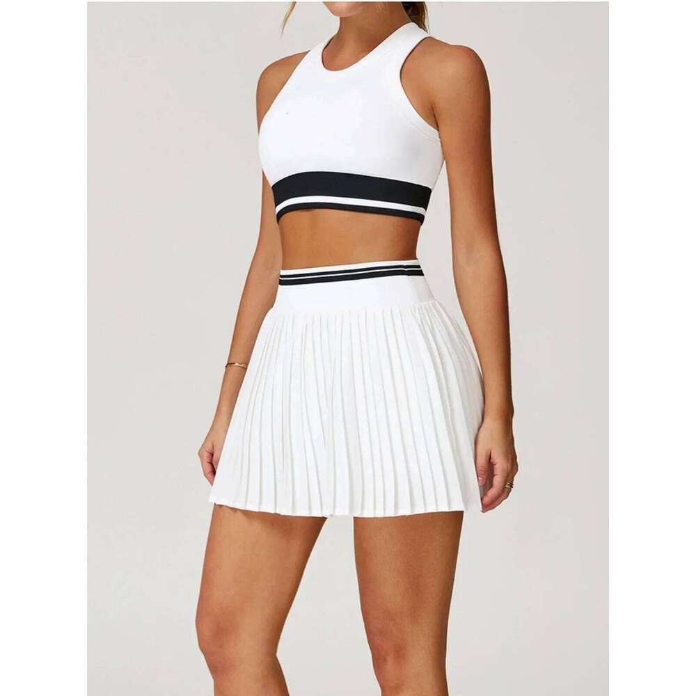 Yoga Skorts Set Women Contrast Color Sports Bra High Waist Pleate Skirt Fiess Suit Outdoor Running Athletic Gym Wear Tracksuit