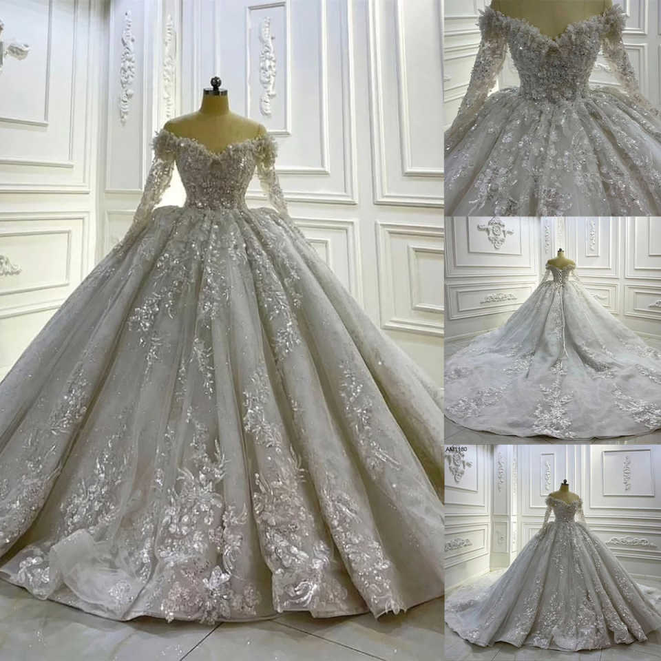 Luxury Full Beading Lace Long Sleeves Wedding Dresses Sequined High Neck Bridal Gowns Custom Made Glitter Vestido de novia