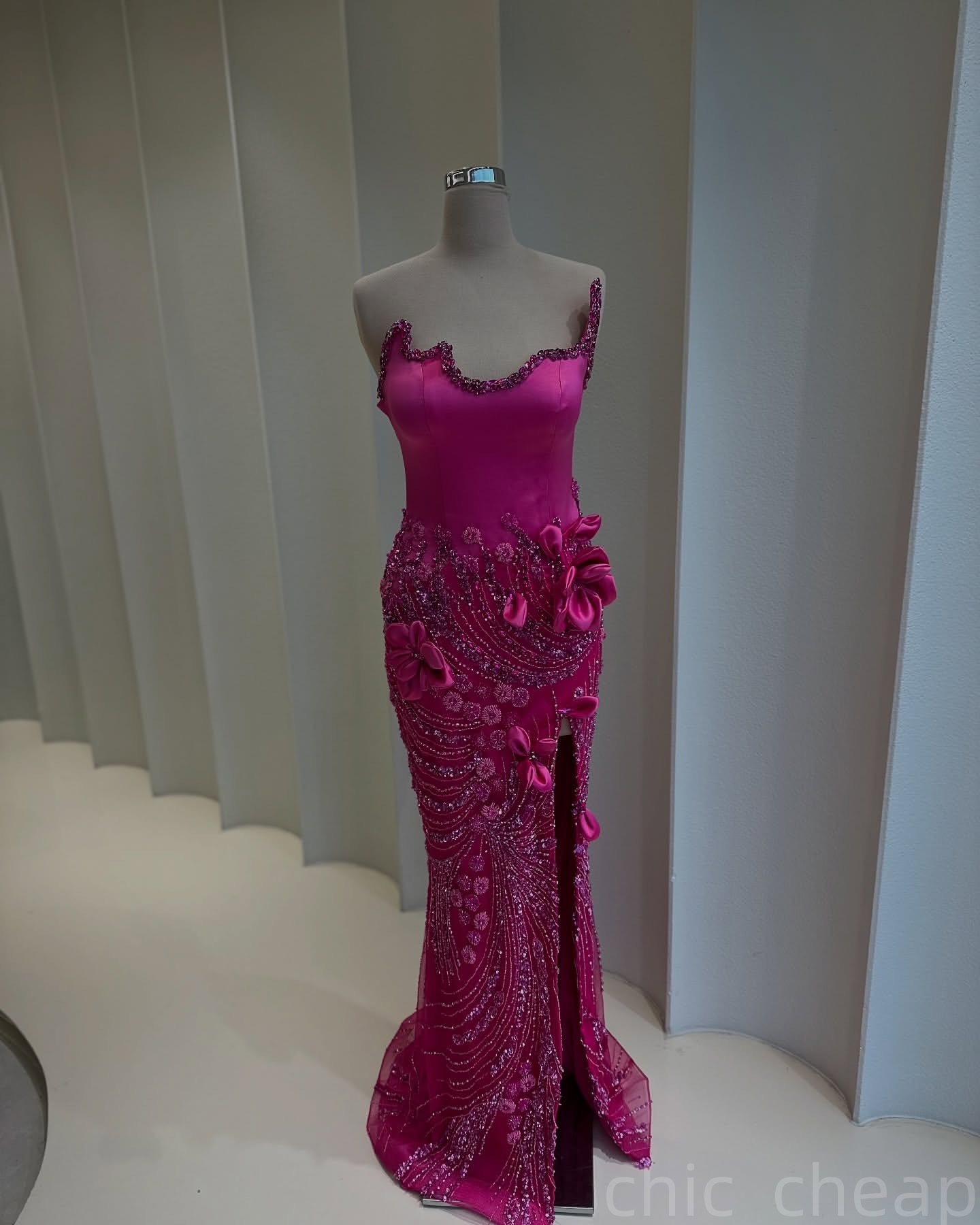 Fuchsia Mermaid Prom Dresses 2025 Sequined Flowers Crystals High Split Evening Formal Party Second Birthday Engagement Gowns Plus Size Dress For Speci