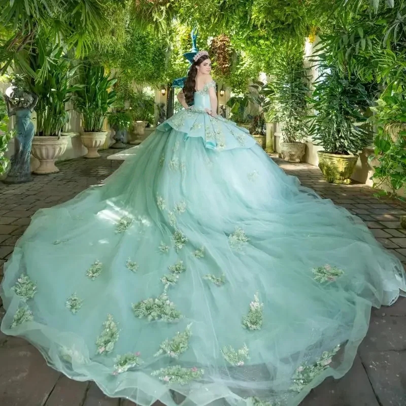 Mint Green Shiny Off The Shoulder Quinceanera Dresses Appliques Lace Beads Tull Birthday Party Princess Ball Gown Sweet 16 Dress Vestido De 15 Anos