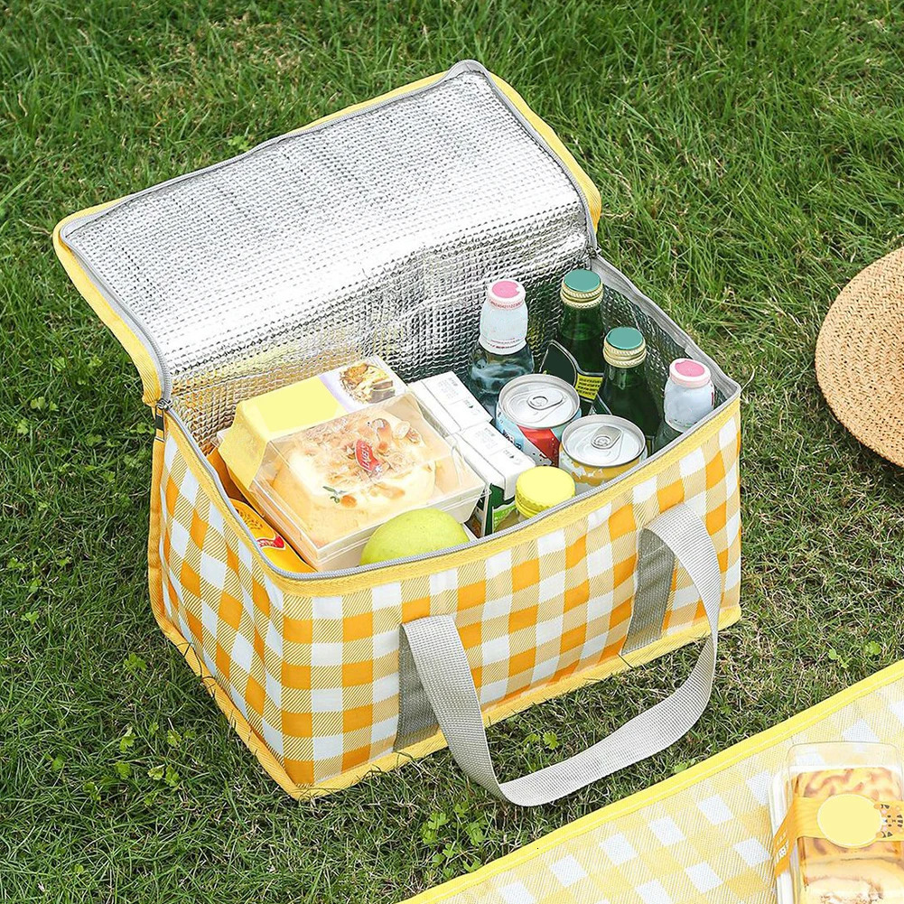 Outdoor Thickened Insulated Lunch Handbags Large Capacity Camping Storage Bags Waterproof Checkered Picnic Cold Protection 250624