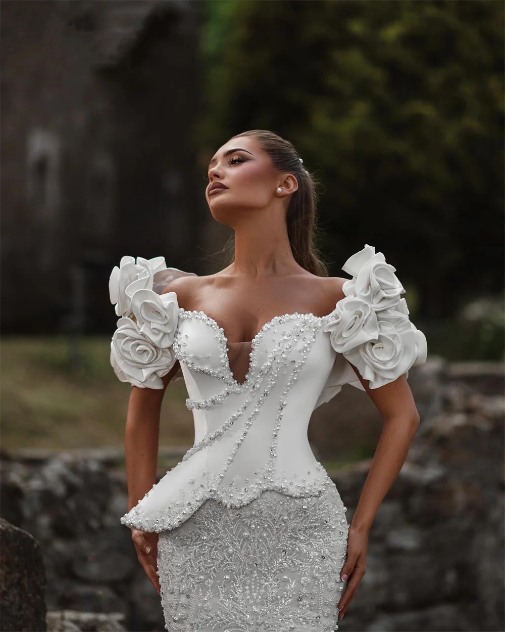 Stylish Wedding Dresses Pearls 3D Flowers Bridal Gowns Appliques Mermaid Beading Rhinestone Customized Bride Sweep Train Vestidos De Novia Plus Size
