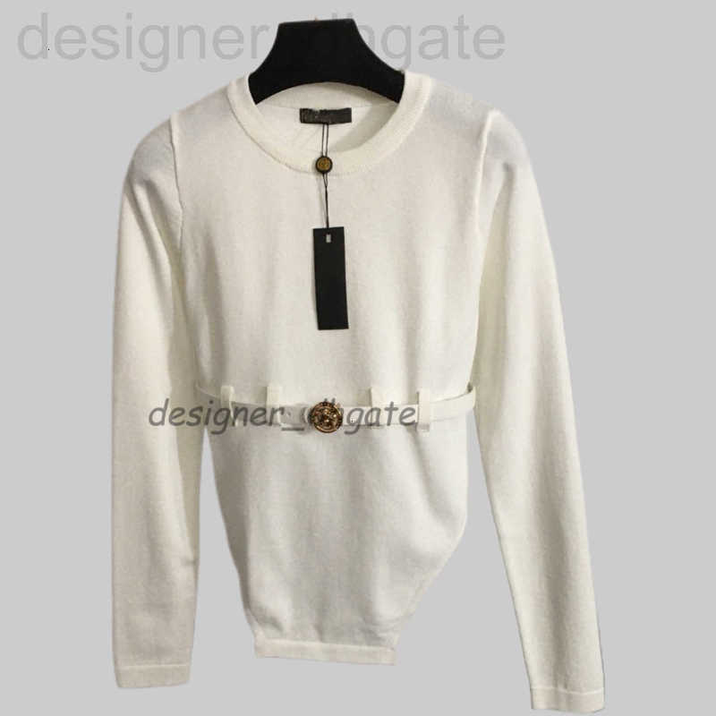 Luxury Women's Knits Tees High End Designer Long Sleeve Knit Sweater For Women With Belt Metal Button Decoration Slim Fit Irregular Split 4CIY