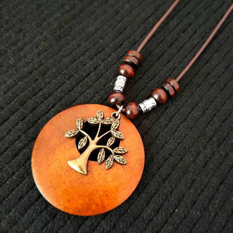 Vintage Wooden Owl Pendant Necklace Boho Ethnic Style Metal Hollow Leaves Necklaces Long Wax Rope Chain for Women Gifts V250625