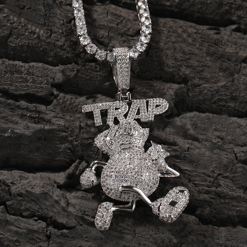 Hot Selling Hip Hop Running Money Bag TRAP Pendant Necklace Full Diamond Cubic Zirconia Cartoon 14K Gold Collar Party Rapper Jewelry Accessories Bijou