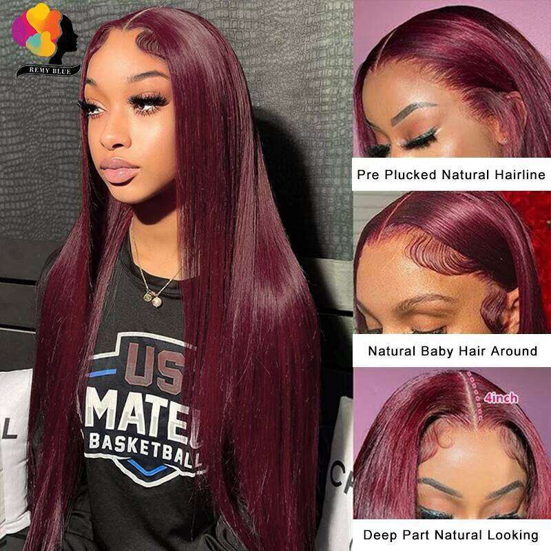 Peruvian Straight 13X6 Frontal Wig 99J Dark Bury Pre-Plucked 180% Remy Human Hair Lace Front Wigs