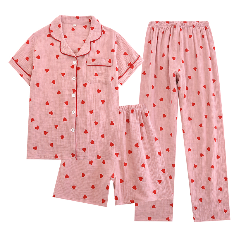 Manufacturer direct sales summer pure cotton yarn thin short sleeved love three piece set shorts breathable sweat absorbing pants pajama set