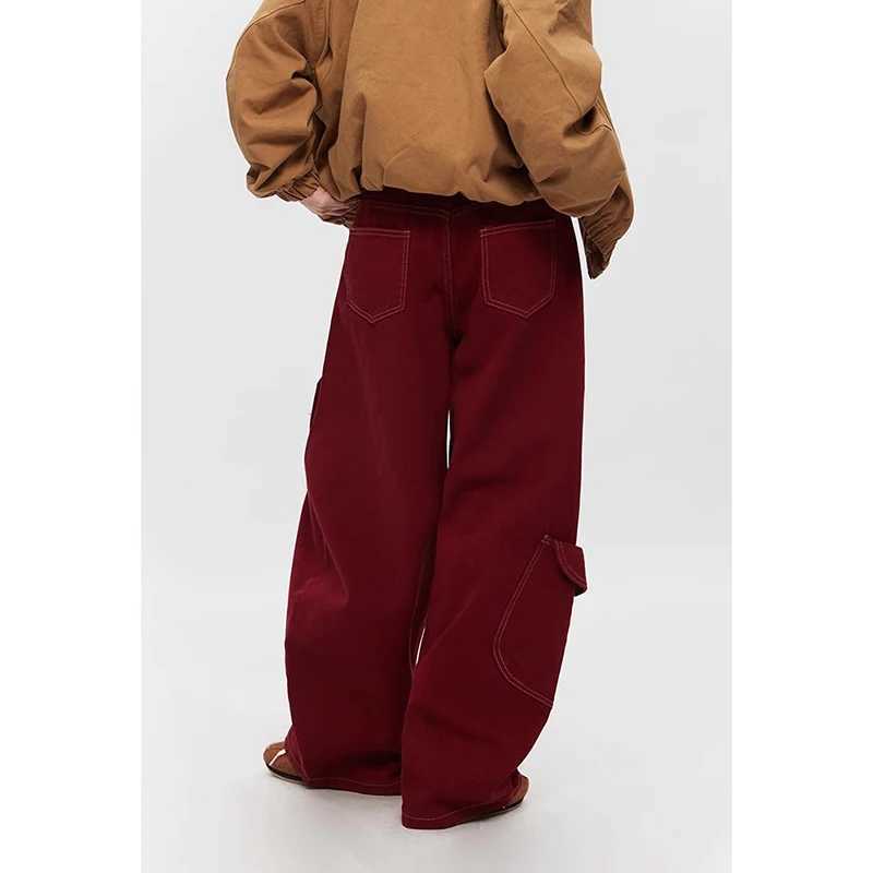 American Retro 2000s High Waist Length Red Jeans with Pockets Hip-hop Baggy Cargo Pants Mens Casual Y2K Grunge Street Denim Trouser X250625