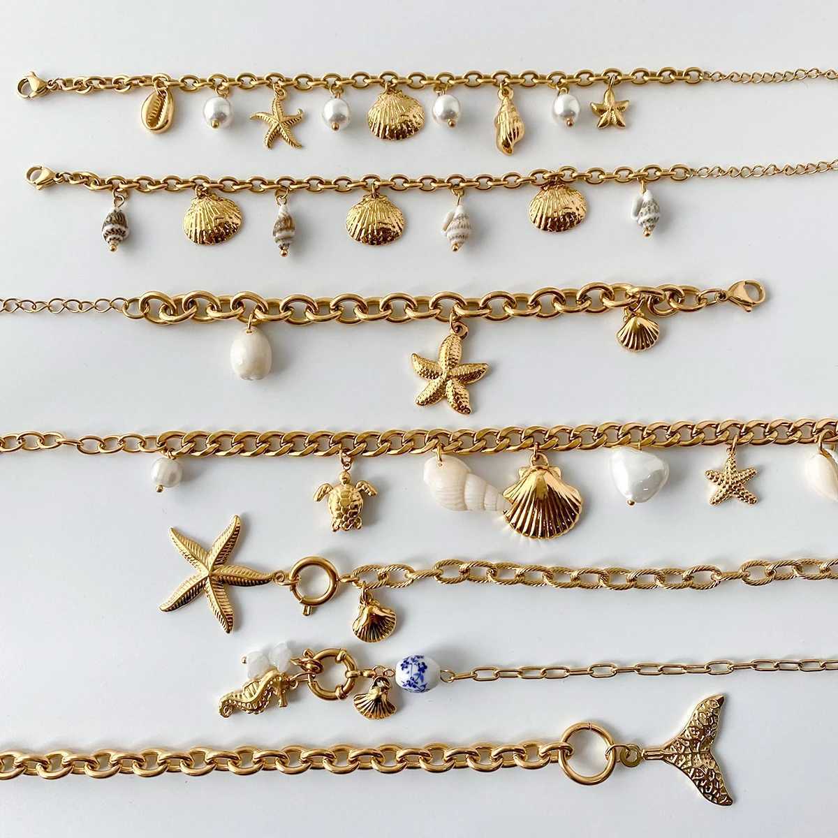 Zora Wens Trendy Holiday Style Conch Pendant Bracelet 18K Gold-plated Stainless Steel Chain Waterproof Jewelry for Vacation X250625