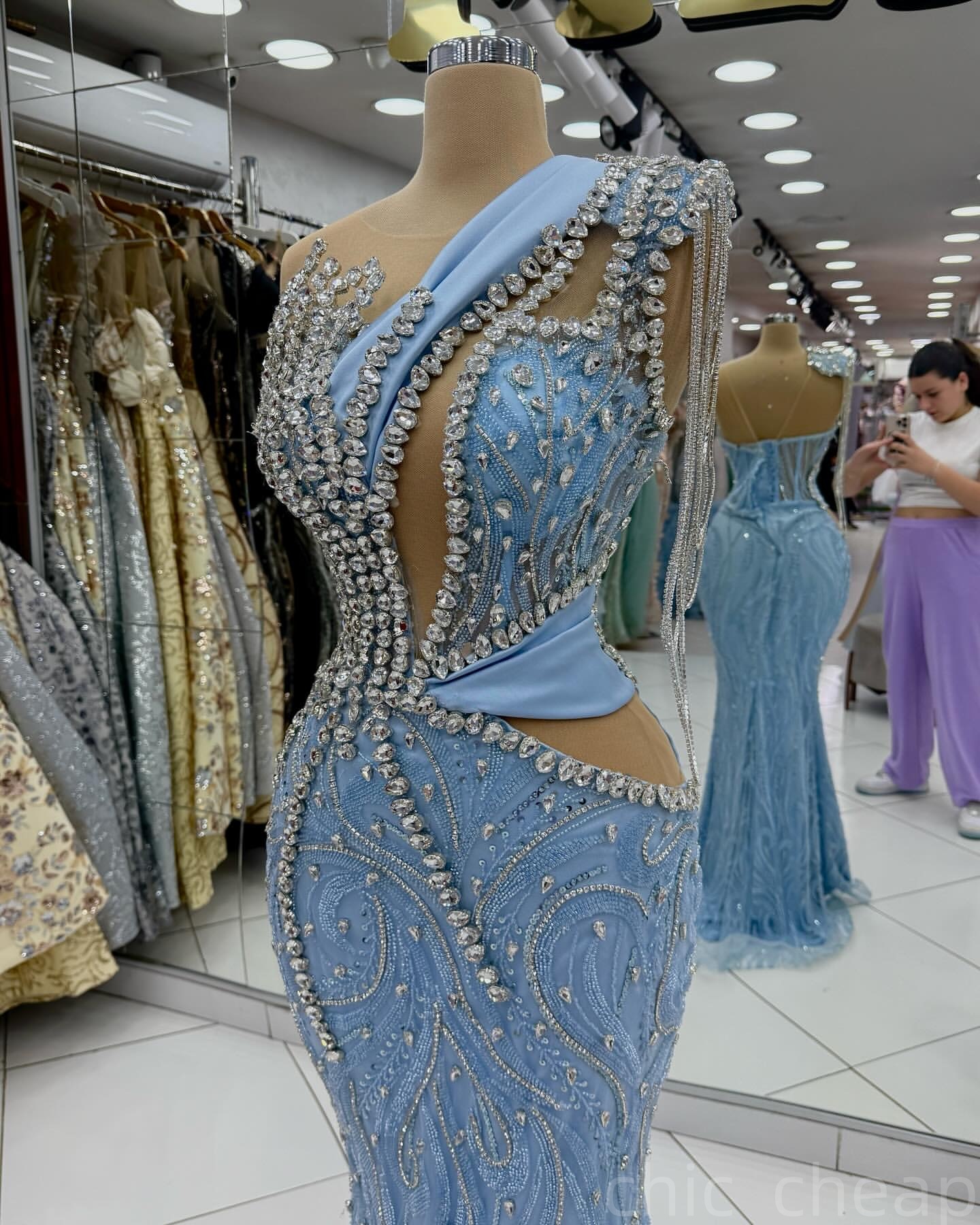 Sky Blue Mermaid Prom Dresses 2025 Rhinestones Sheer Neck Sequined Evening Formal Party Second Birthday Engagement Gowns Plus Size Dress For Special O