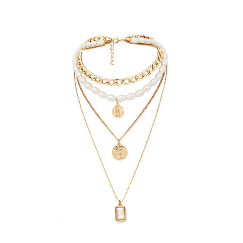 Retro Multi-Layered Mixed Coin And Gemstone Necklace, Simple Geometric Relief Portrait Necklace For Women