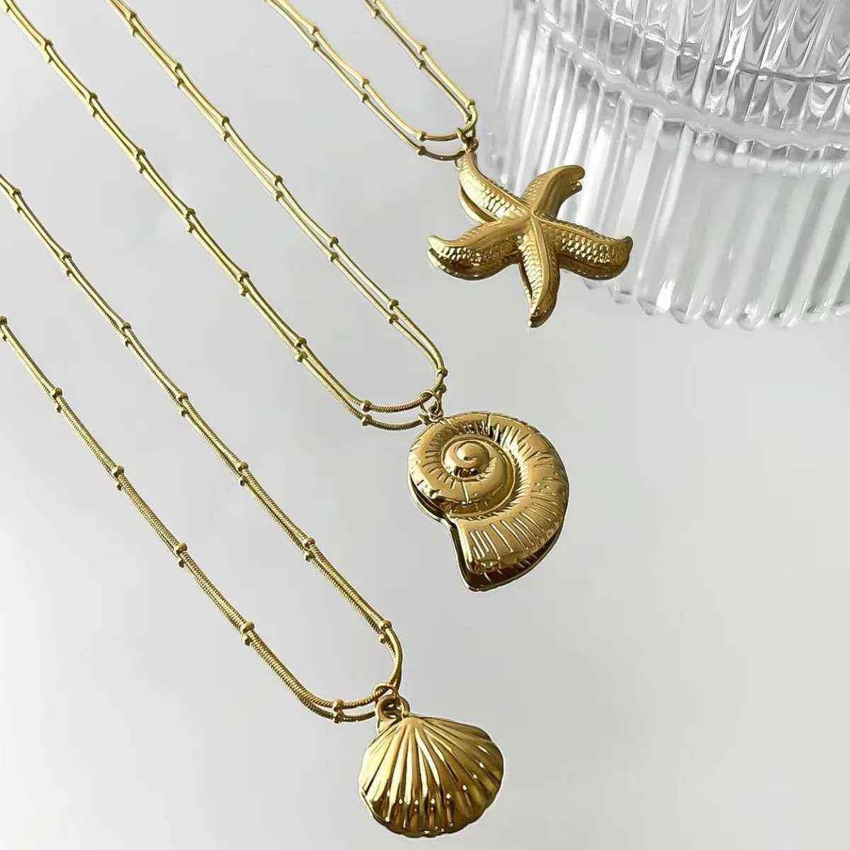 Minimalist Starfish Striped Conch Scallop Shaped Pendant Necklace for Women Waterproof Trend Jewelry Summer Beach Party V250625