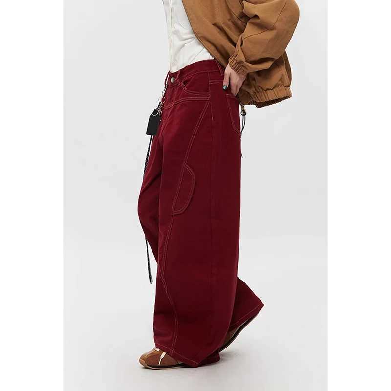 American Retro 2000s High Waist Length Red Jeans with Pockets Hip-hop Baggy Cargo Pants Mens Casual Y2K Grunge Street Denim Trouser X250625
