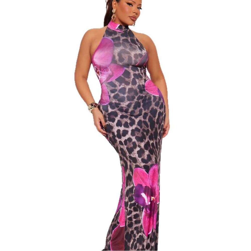 Summer New Sexy Hot Girl Halter Neck Tie Waist Leopard Print Slip Dress B5