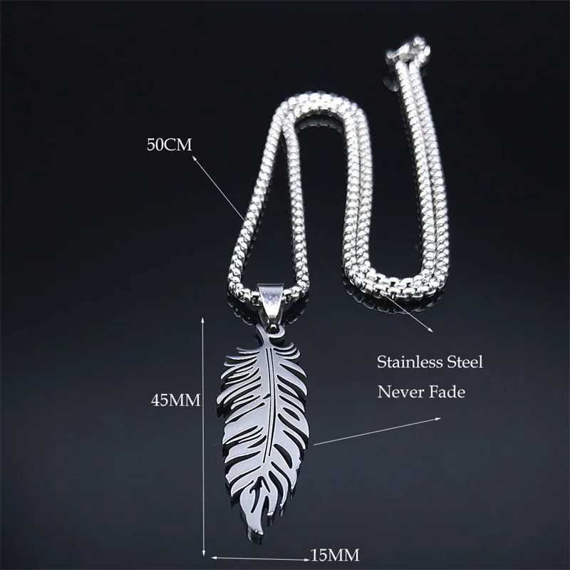 Boho Feather Pendant Male Necklace for Women Men StainlESS Steel Silver Color Chain Jewelry Gift collar hombre N3393S01 V250625
