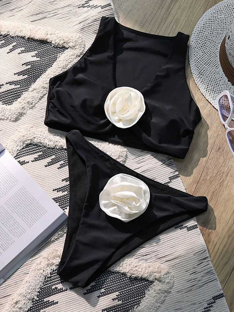 White 3D Flower Black Feminine Bikini Sets Sexy High Waisted Womens Two-piece Swimsuit 2024 Trend Brazilian Beach Outfit XJ250624