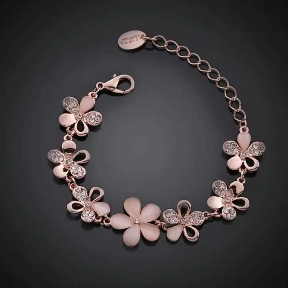 Charming 18K Rose Gold Plated Wen Cats Eye Opal Flower Chain Bracelet Gift For Wen Girl X250625