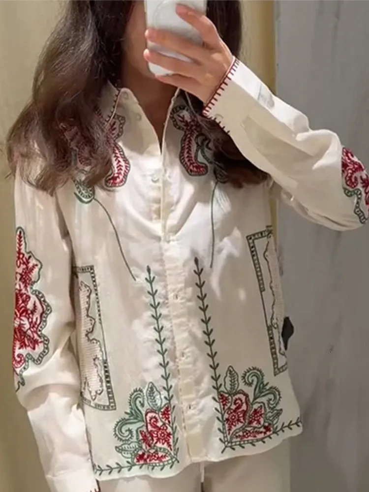 Casual Embroidered Shirt Pant Set Women Loose Lapel Single Breasted Top Elastic Waist Straight Trousers 2025 Summer Lady Outfits 250616