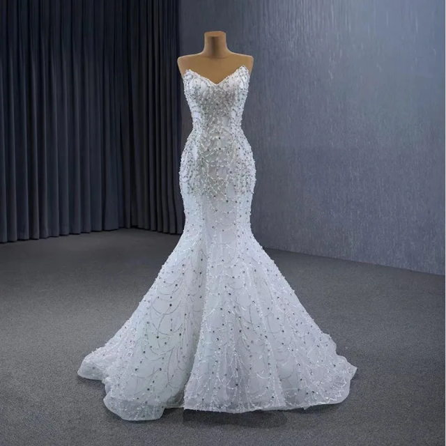 Luxury Pearls Mermaid Wedding Dress Beading Crystal Strapless Bride Gowns Detachable Sweep Train Bridal Dresses Customized