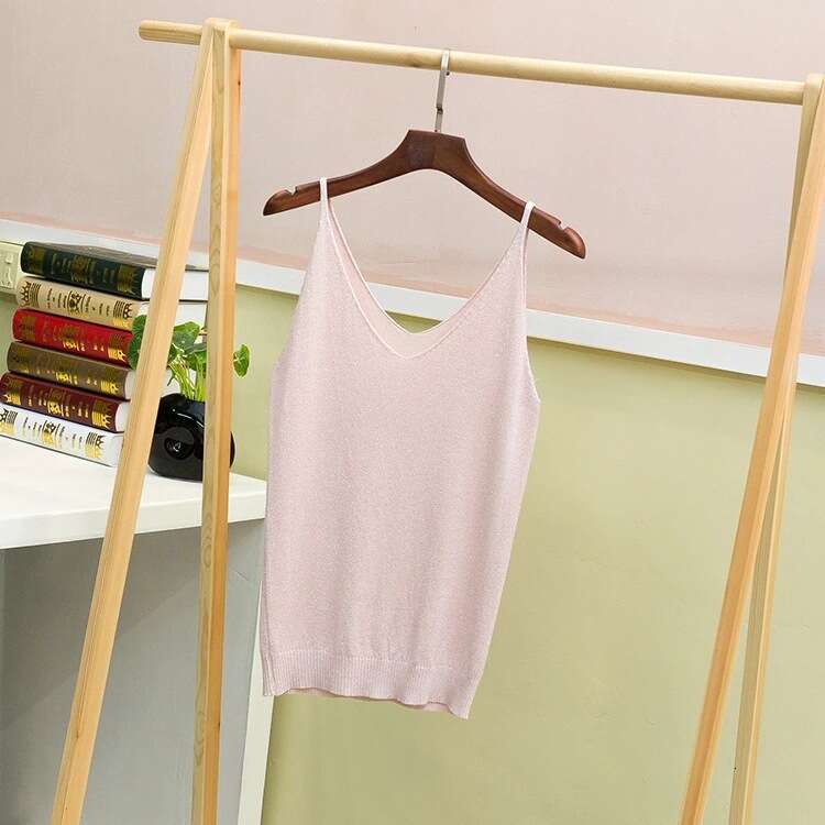 Shiny Knit Camisole for Women, Summer Thin Short Slim Fit Sexy Silver Thread Base Shirt