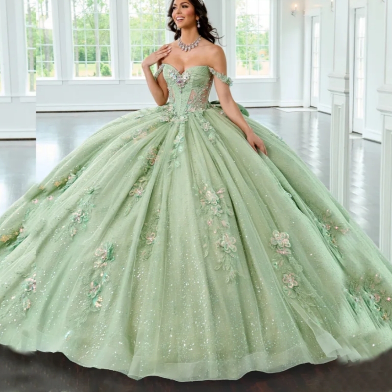 Sage Green Glitter Quinceanera Dresses Ball Gown Lace Applique Beaded Bow Tull Mexican Sweet 16 Dress Vestido De 15 Anos