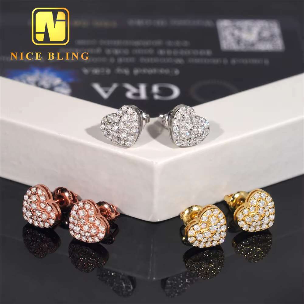 Classic Hip Hop Jewelry Heart Shape Iced Out Ear Studs 925 Sterling Silver VVS Moissanite Stud Earring for Women